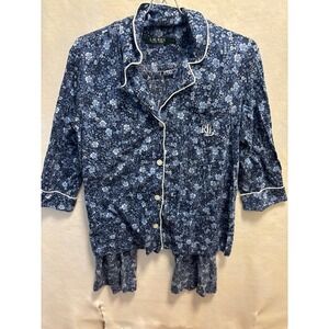 Lauren Ralph Lauren Womens Pajama Set Floral Print Blue White Button Down Size S